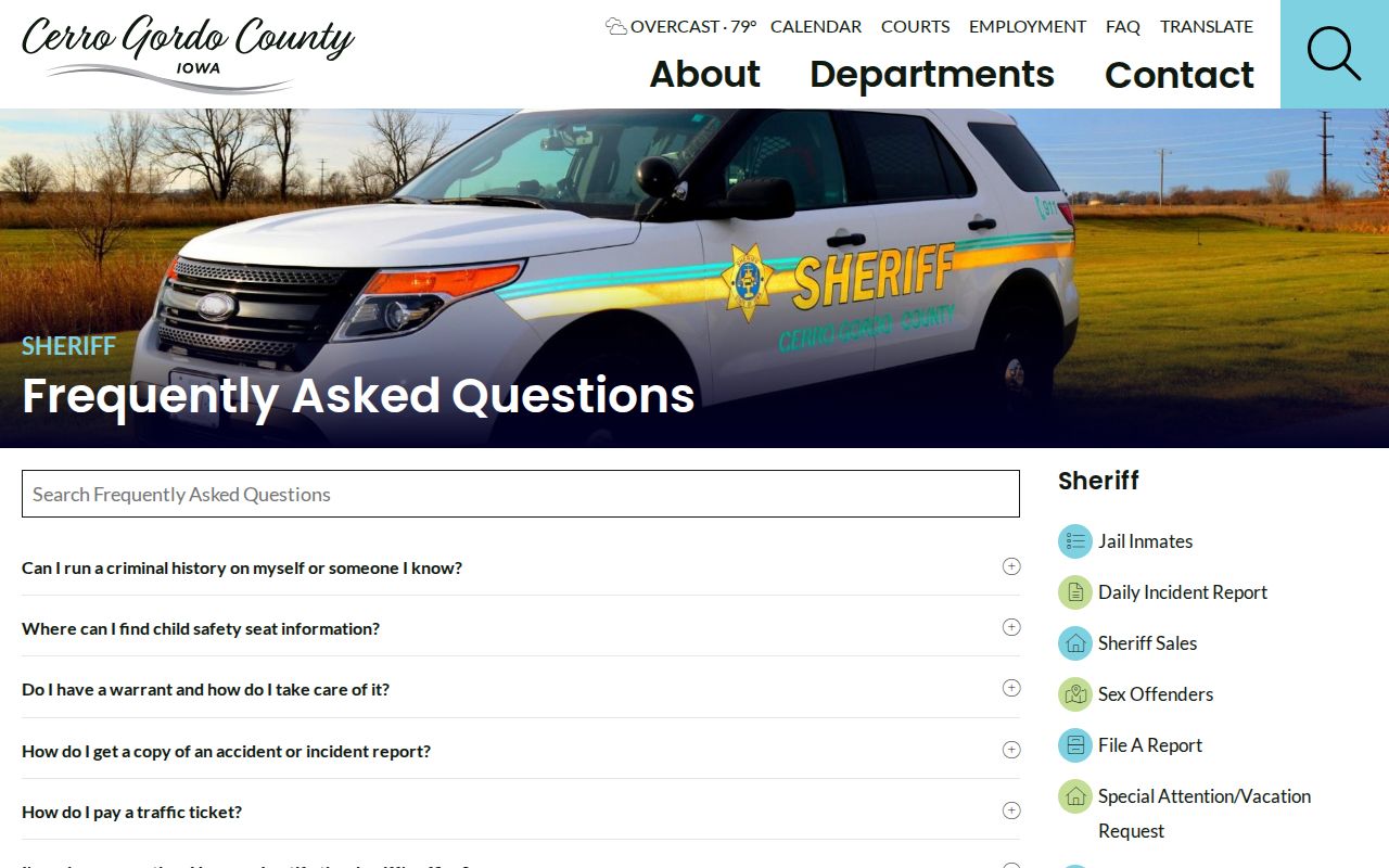 Cerro Gordo County Sheriff FAQ explaining that warrant status is not confirmed to the public